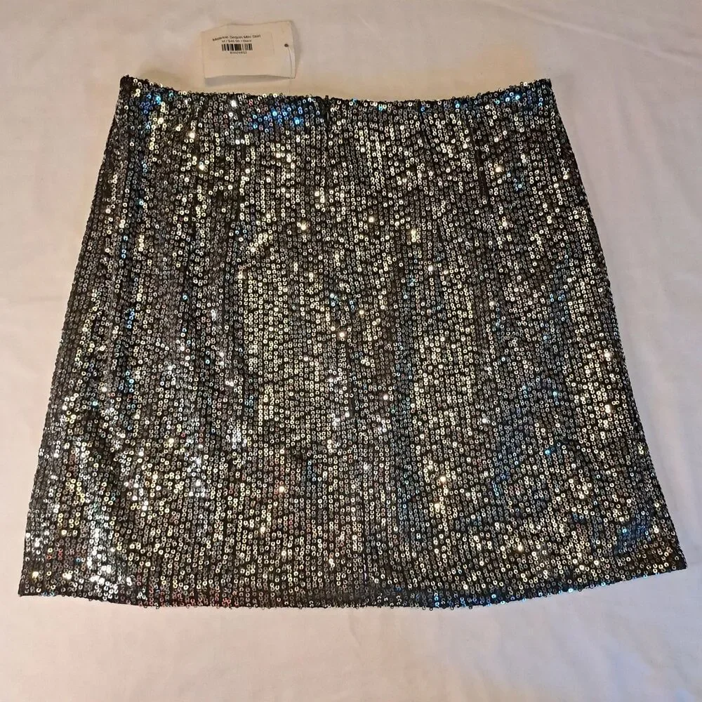 Audrey 3+1 NWT Blk Silver Sequin Mini Skirt Sz M Party Festival Festive Glam Fun